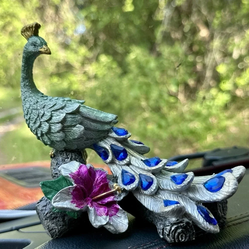 Peacock Figurine Resin Bird Statue Blue Jewel Tail Floral Branch Decor 5.5